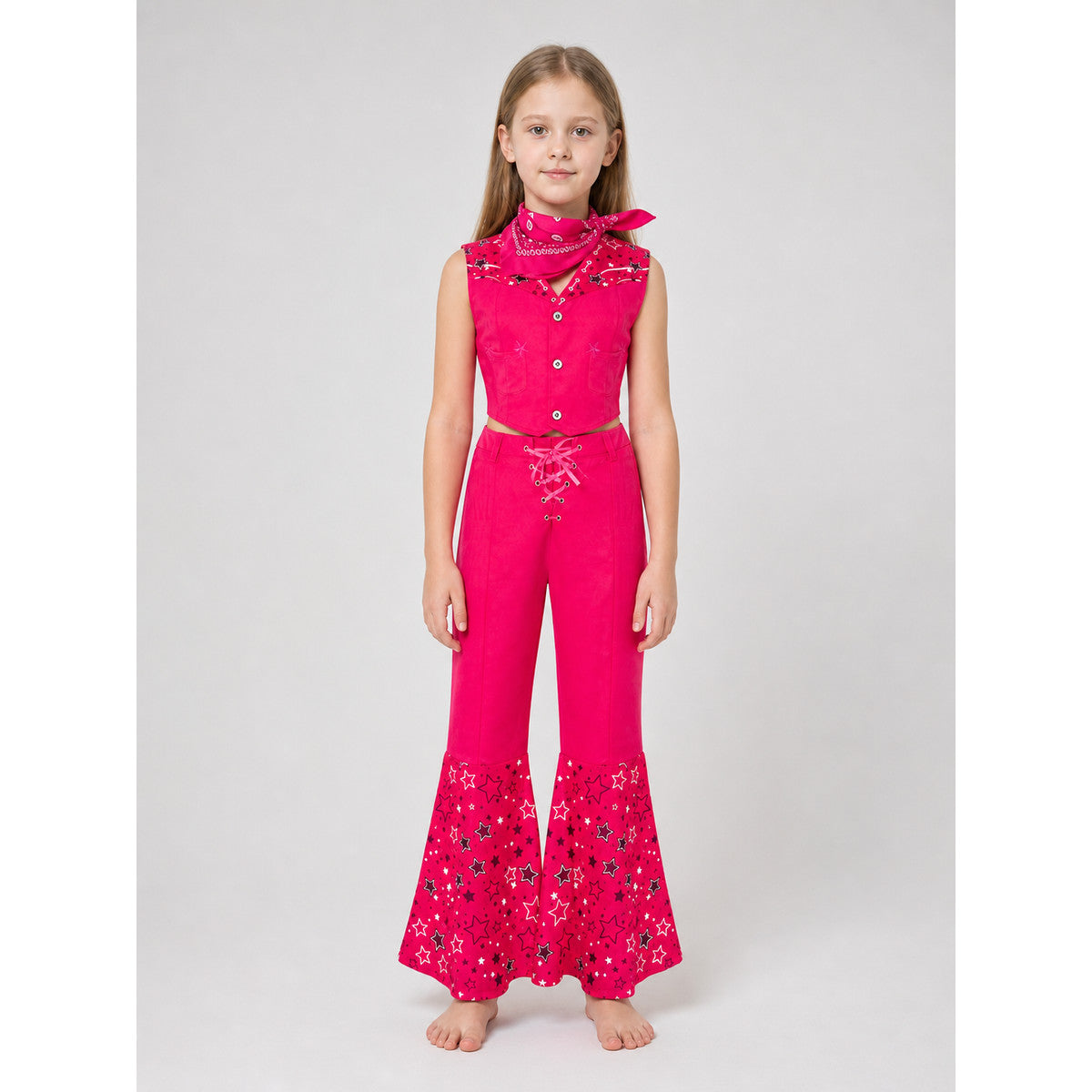 Barbie-style cosplay set consisting of two pieces: a cropped sleeveless top and flared-leg pants. The top resembles a vest with a front button closure, a decorative yoke, and a styled collar area. The pants have a high waist, front lacing, 