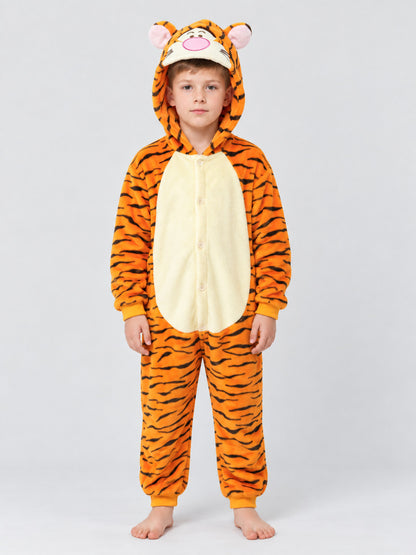 Flannel Hooded Pajama Jumpsuit with Animal Face