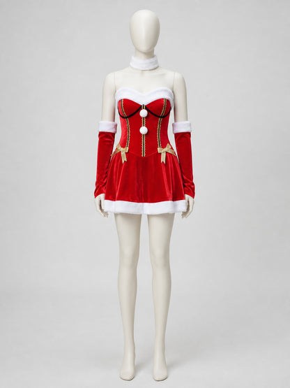 Santa New Year's Costume, Red and White, Full Skirt on-model view