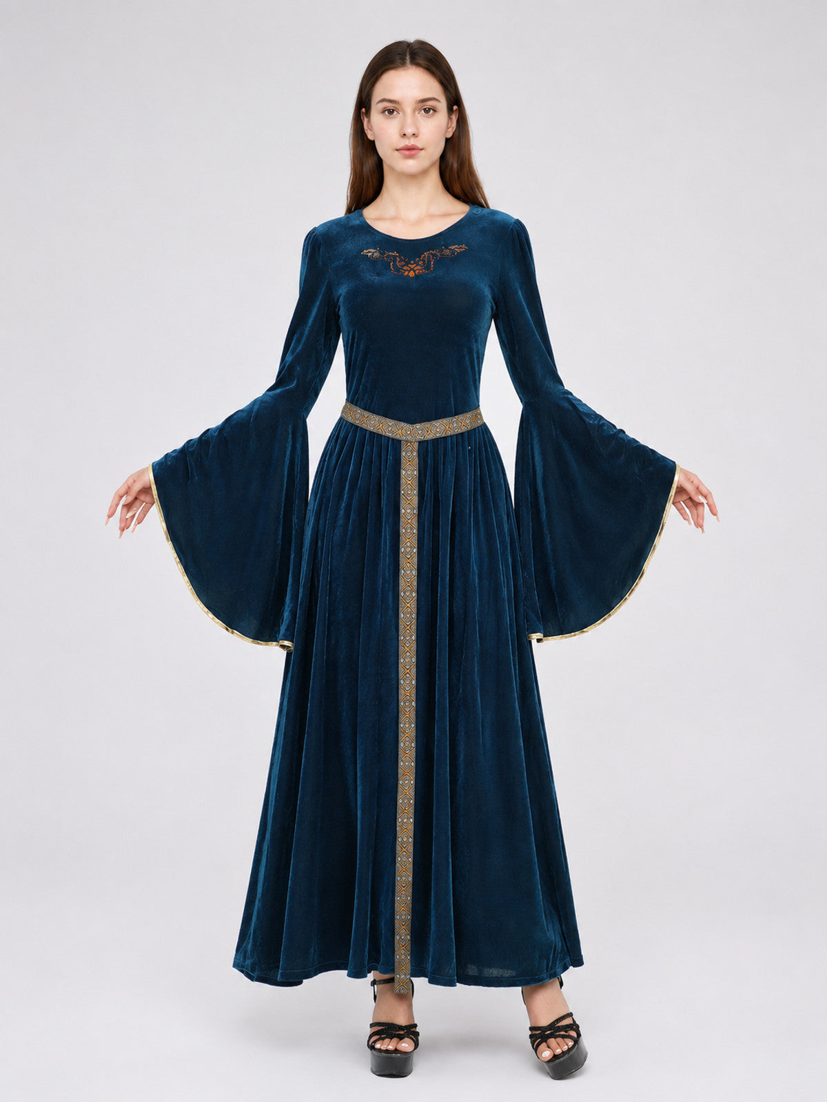 Dark Blue Medieval Dress with Belt on-model view