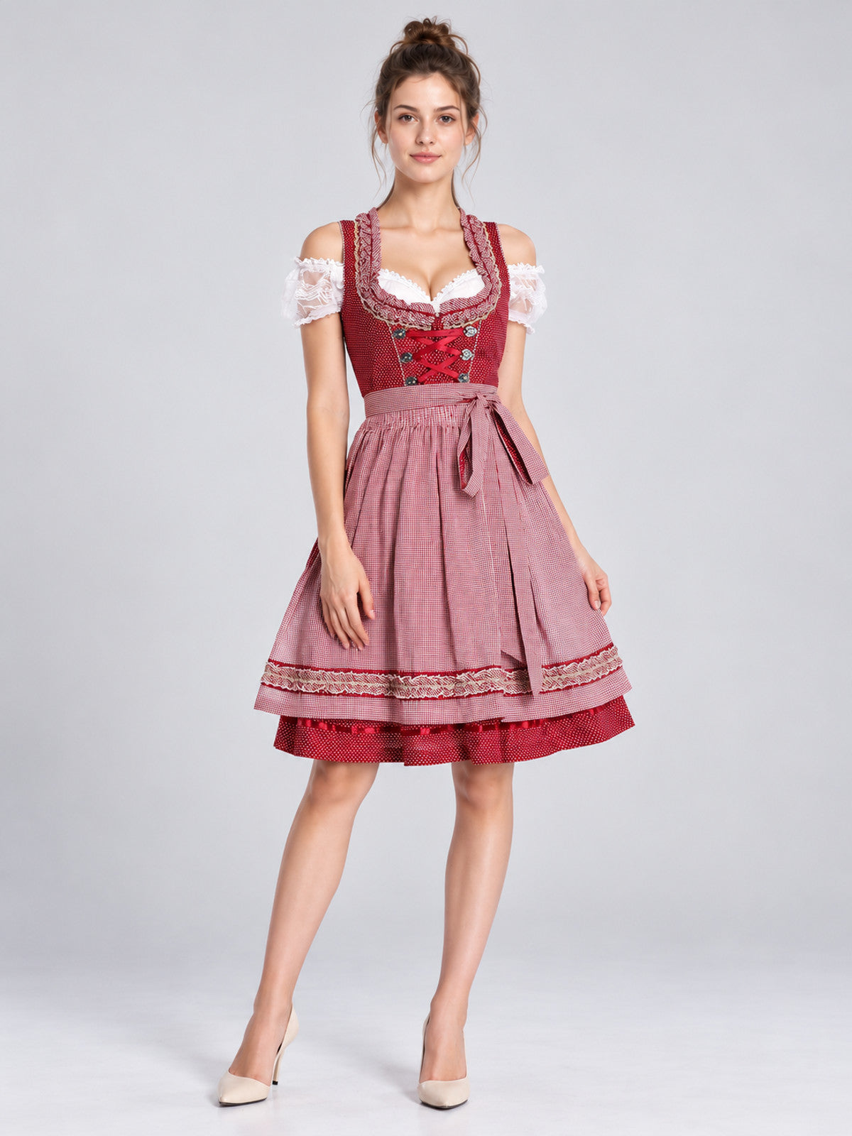 Dirndl-Style Dress Set with Apron, Red and White