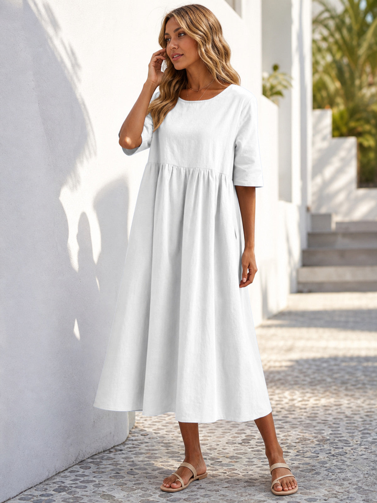 White Long Loose-Fit Dress with a Round Neckline main product view