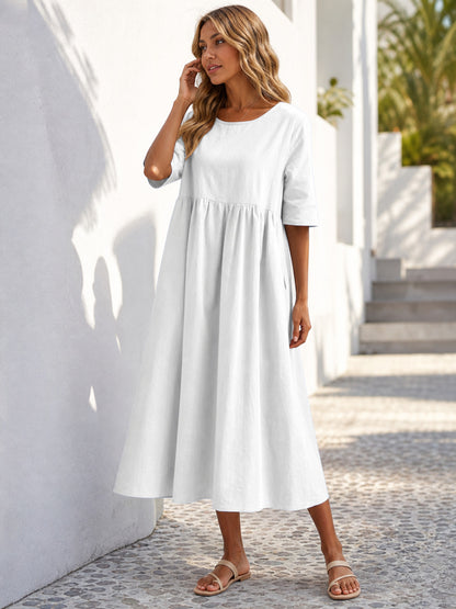 White Long Loose-Fit Dress with a Round Neckline main product view