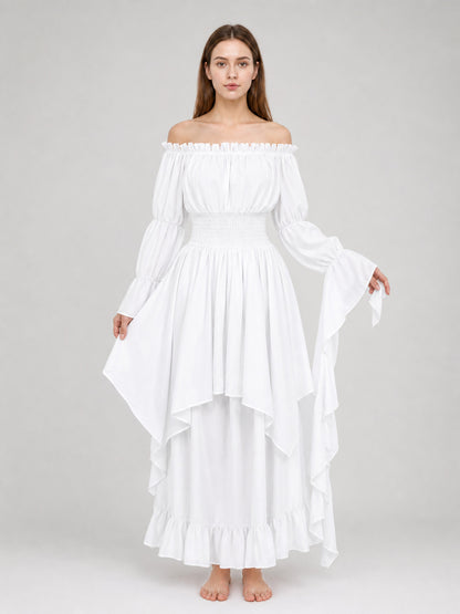 White gathered maxi dress on a full-body model, with an off-shoulder neckline, long flared sleeves, layered skirt, and ruffled hem