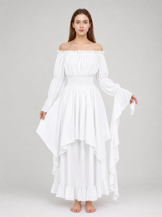 White gathered maxi dress on a full-body model, with an off-shoulder neckline, long flared sleeves, layered skirt, and ruffled hem