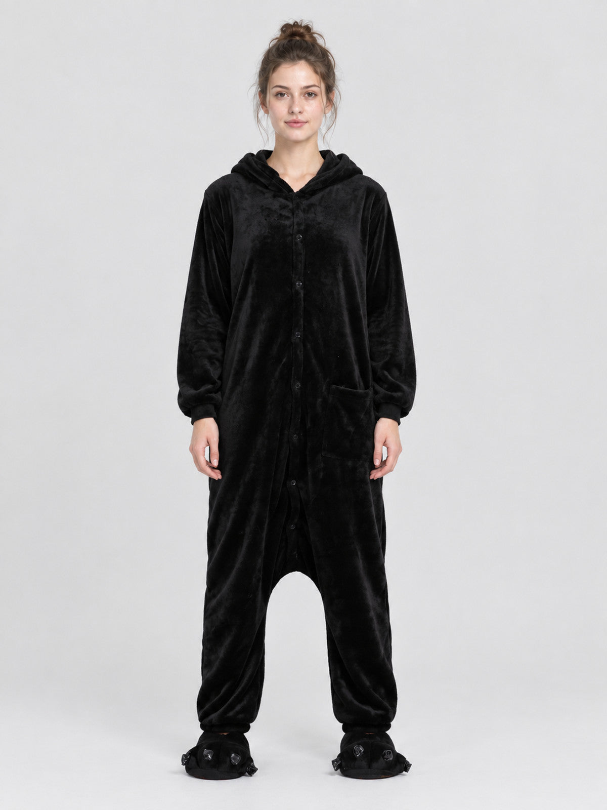Black Flannel Hooded Pajama Jumpsuit