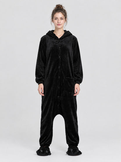 Black Flannel Hooded Pajama Jumpsuit