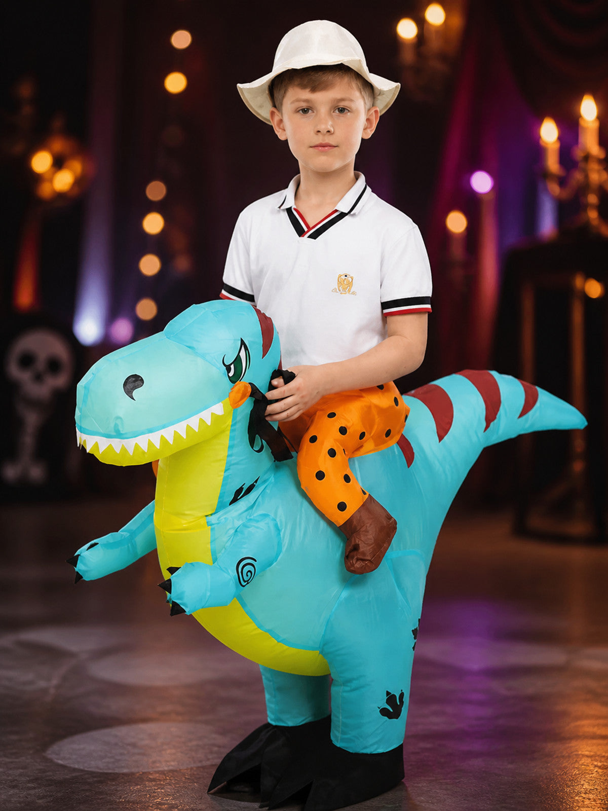 Inflatable Dinosaur Costume, Light Blue with Orange Spots, Funny Halloween on-model view