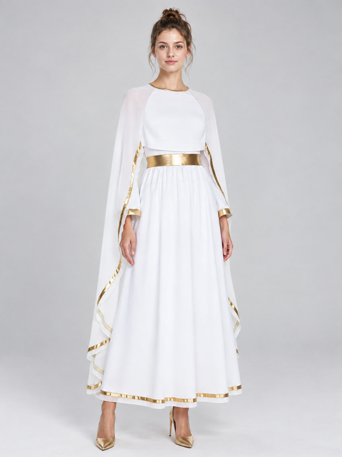 Floor-Length Dress with Gold Trim and Cape