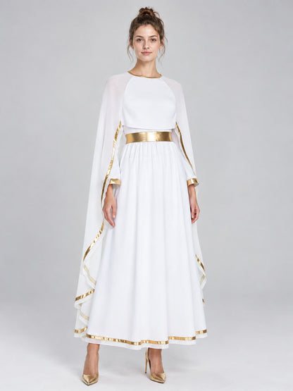Floor-Length Dress with Gold Trim and Cape