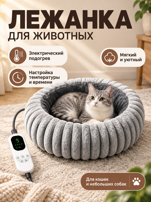 Round pet bed with electric heating, gray