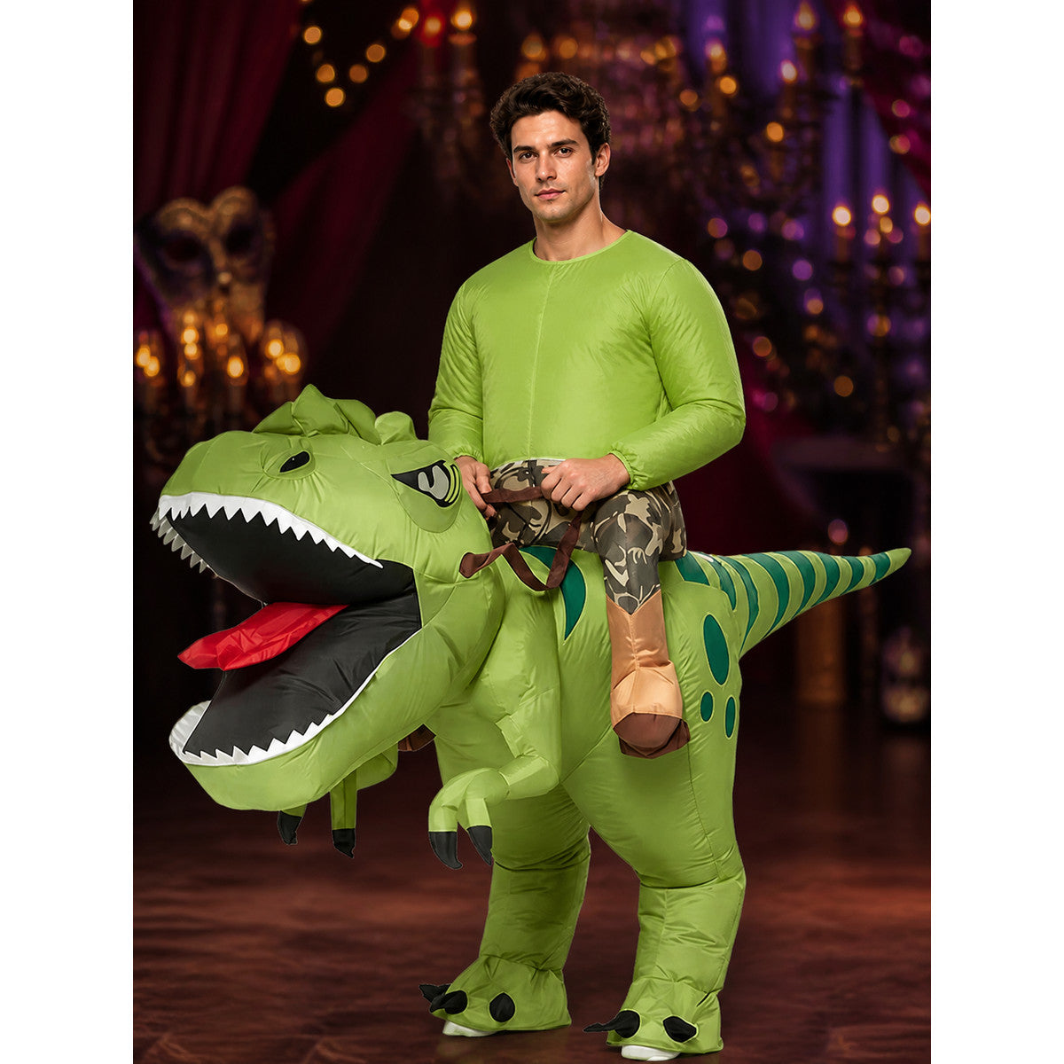 Adult Inflatable Green Dinosaur Costume, Striped Spotted T-Rex Fancy Dress with on-model view