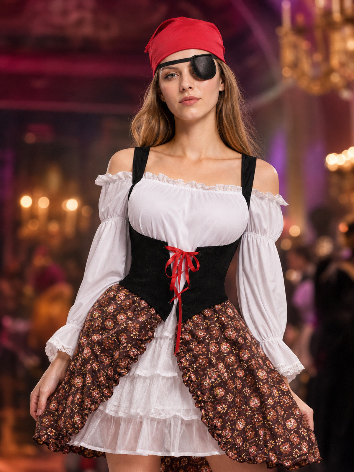 Women's Pirate Costume with Eyepatch W-0208 on-model view