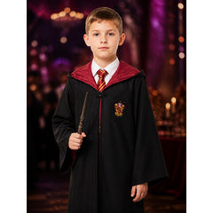 Kids Wizard Costume Set, Hooded Long Black Robe with Red and Gold Striped Tie