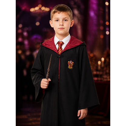 Kids Wizard Costume Set, Hooded Long Black Robe with Red and Gold Striped Tie on-model view