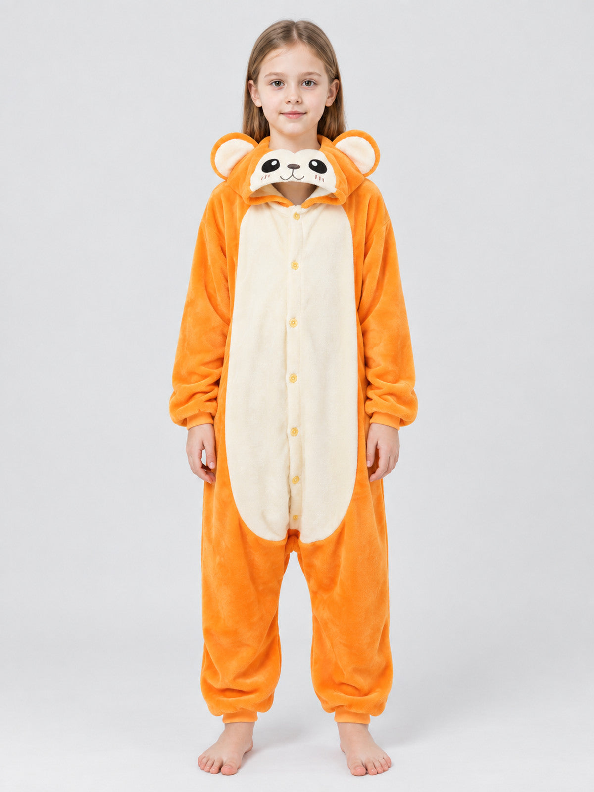 Orange Flannel Hooded Pajama Jumpsuit with Ears