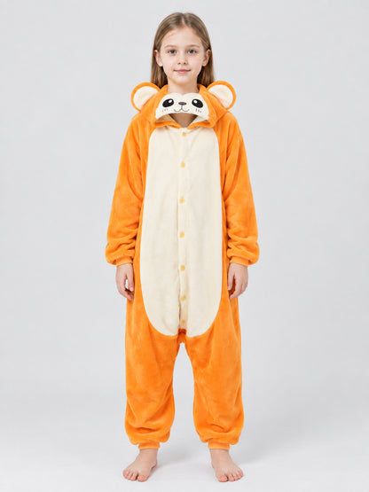 Orange Flannel Hooded Pajama Jumpsuit with Ears