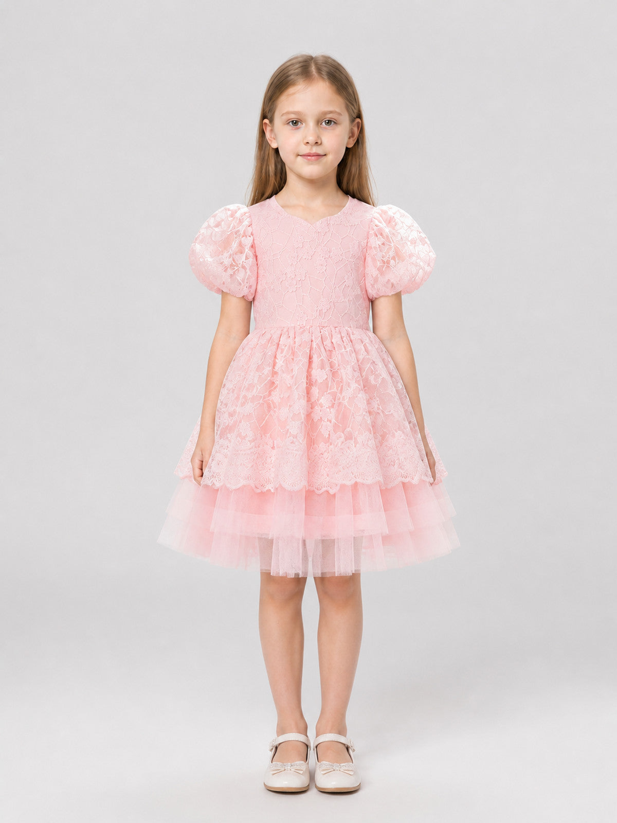 Girls' Princess Dress with Lace and Full Skirt on-model view