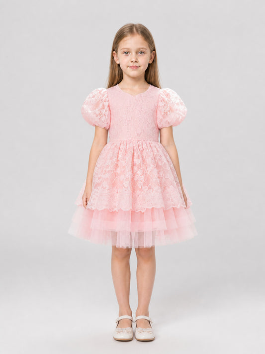 Girls' Princess Dress with Lace and Full Skirt on-model view