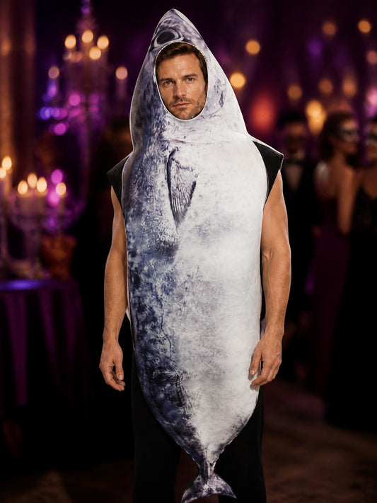 Adult Shark Hooded Jumpsuit Costume, Sleeveless Halloween Party Outfit on-model view
