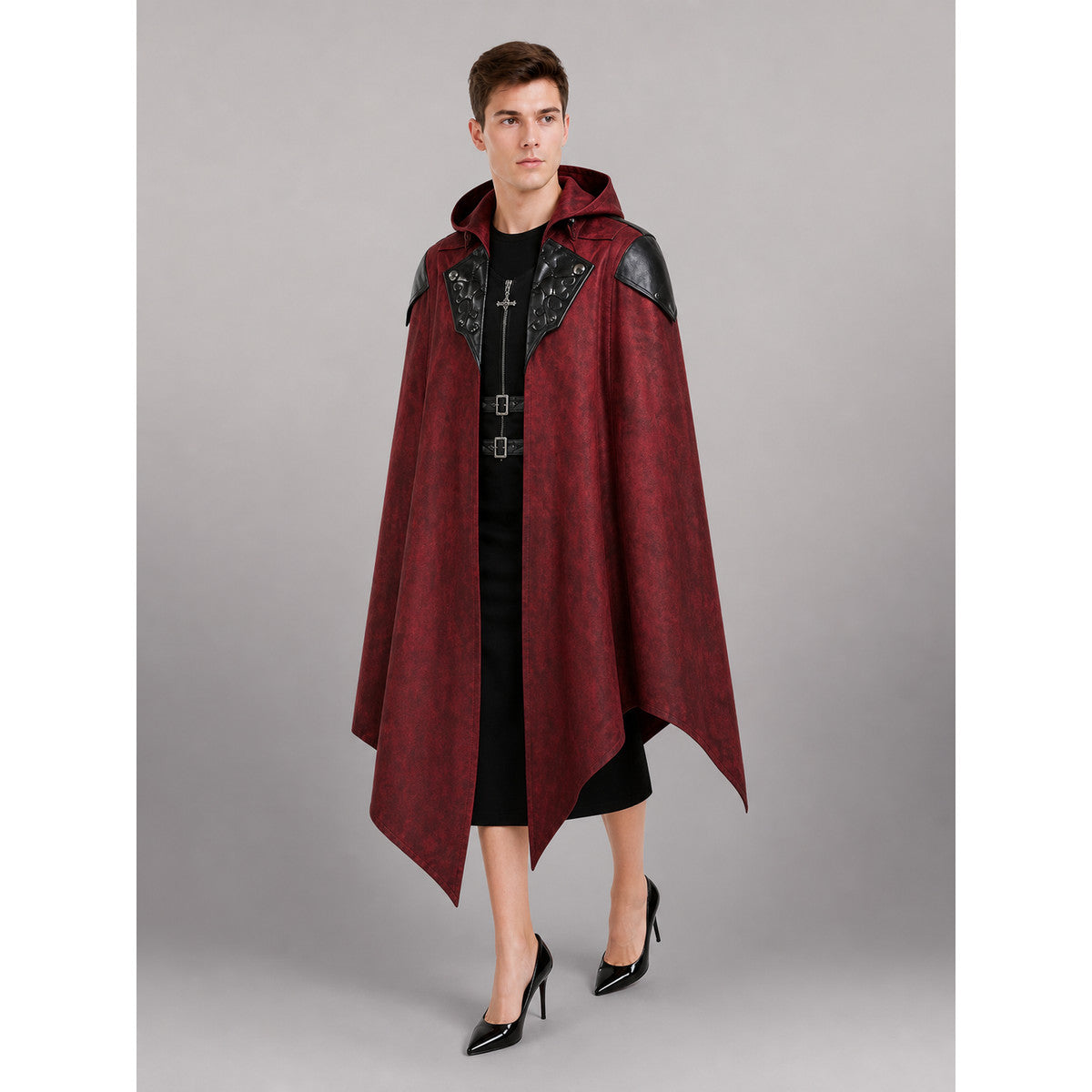 Gothic Burgundy Carnival Cloak with Hood front view