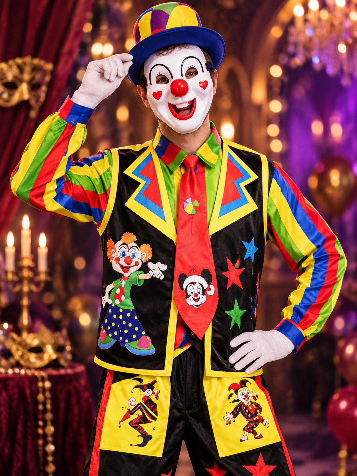 Colorful Clown Costume with Vest, Hat, and Mask