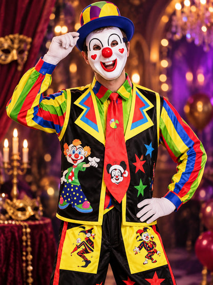 Colorful Clown Costume with Vest, Hat, and Mask