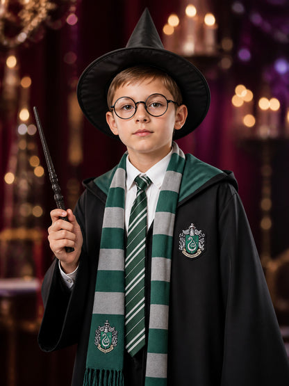 Green and Black Wizard Robe Costume Set with Hooded Cloak, Tie, Scarf, Pointed on-model view