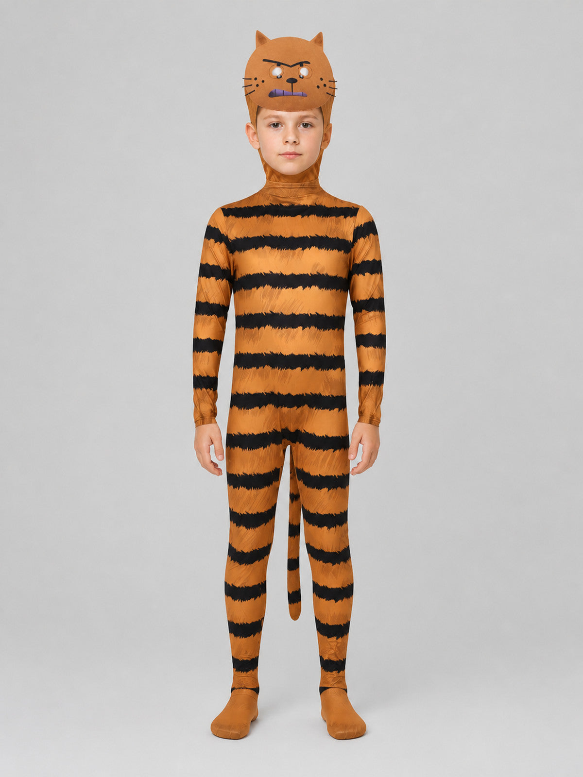 Petey the Cat Cosplay Costume, Striped Jumpsuit with Mask on-model view