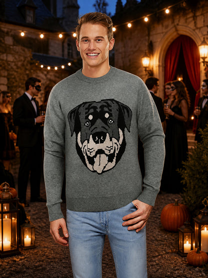 Gray Knit Sweater with Playful Dog Face Print, Long Sleeve, Crew Neck, Ribbed