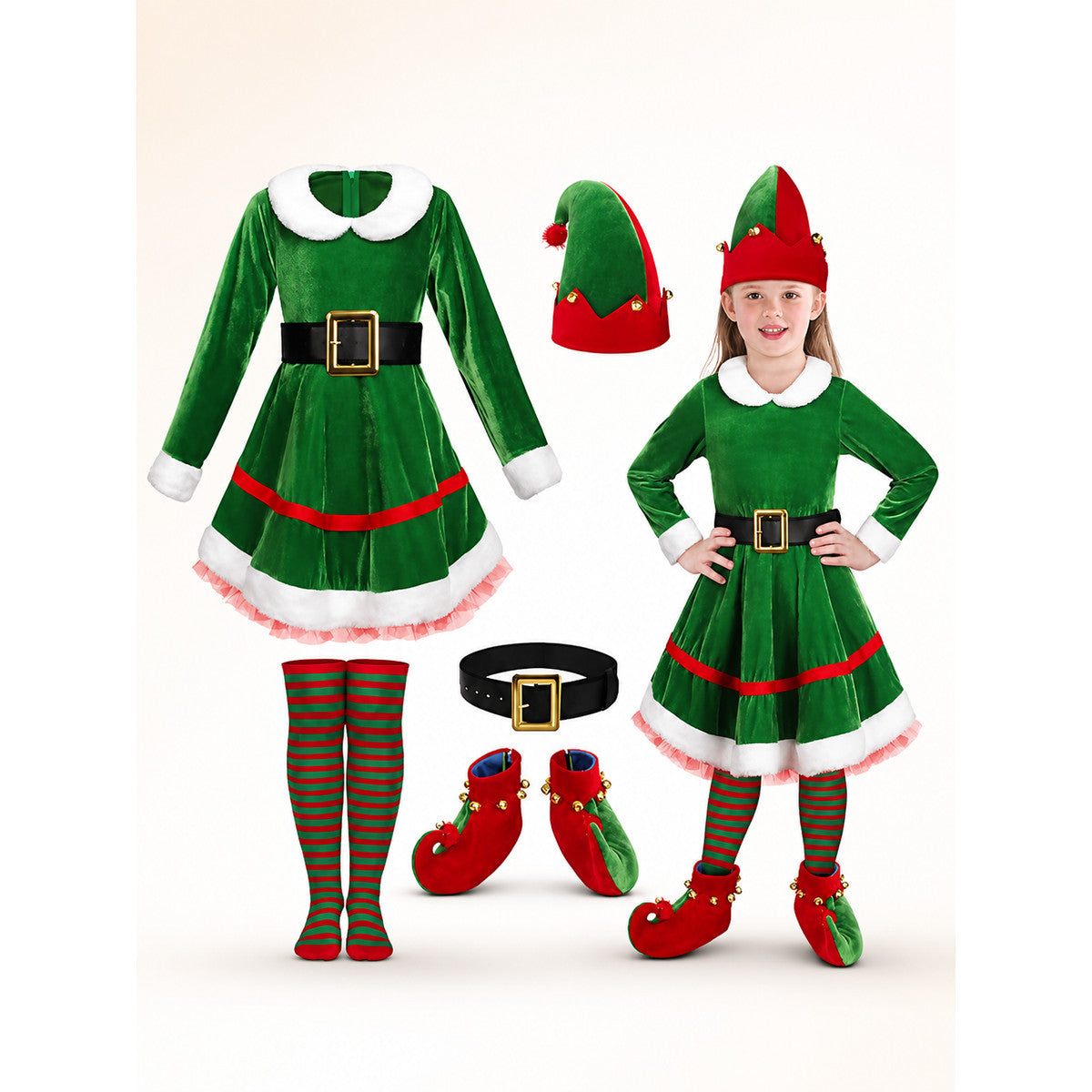 Green Elf Carnival Costume Set with Dress and Accessories