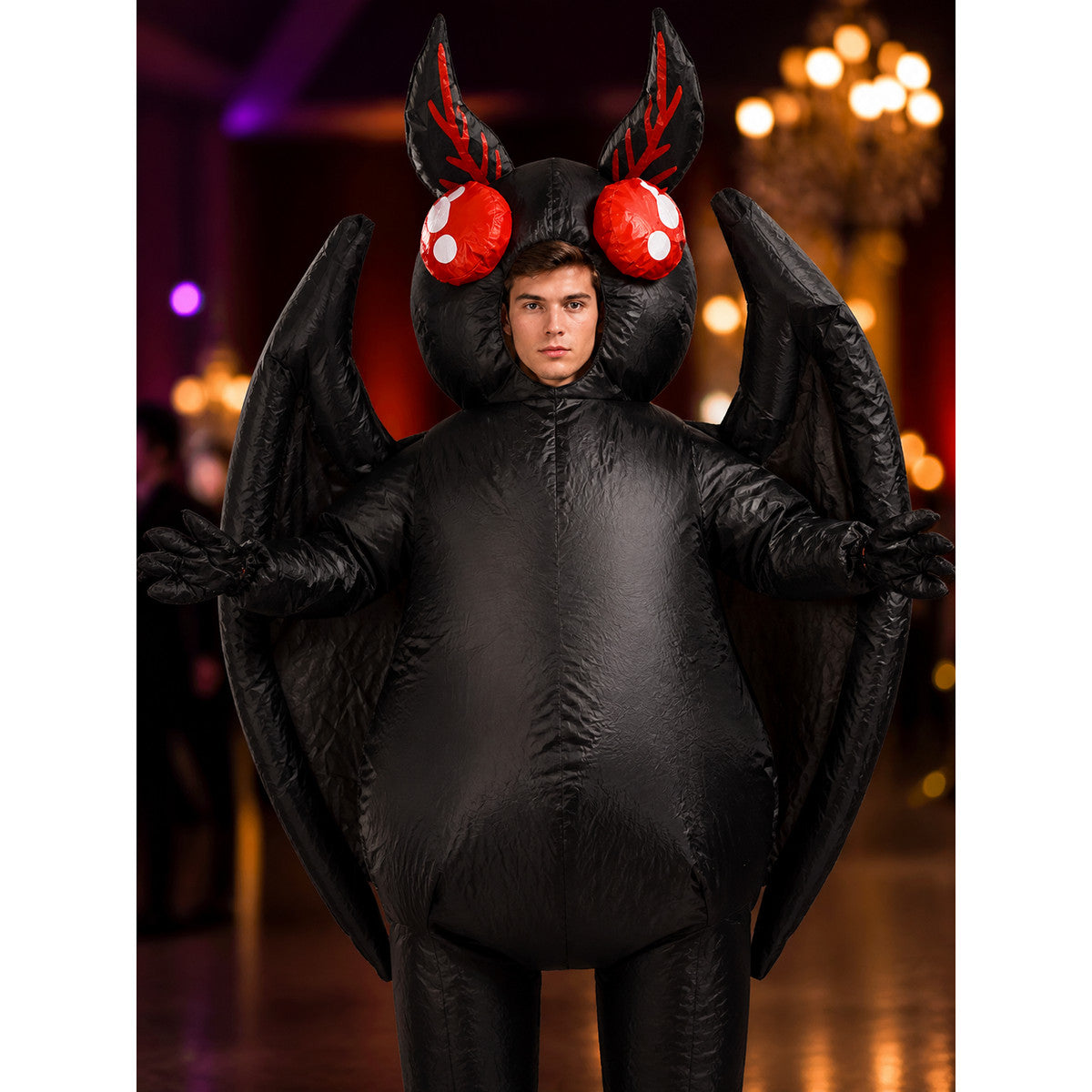 Black Bat Hooded Bodysuit Costume with Wings and Red Eyes - Unisex Halloween on-model view