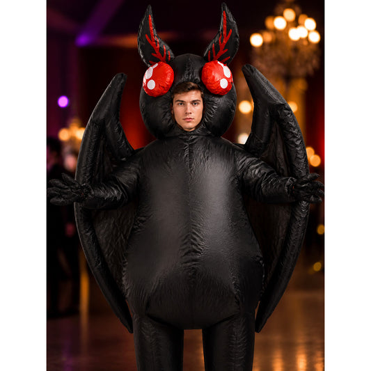 Black Bat Hooded Bodysuit Costume with Wings and Red Eyes - Unisex Halloween on-model view