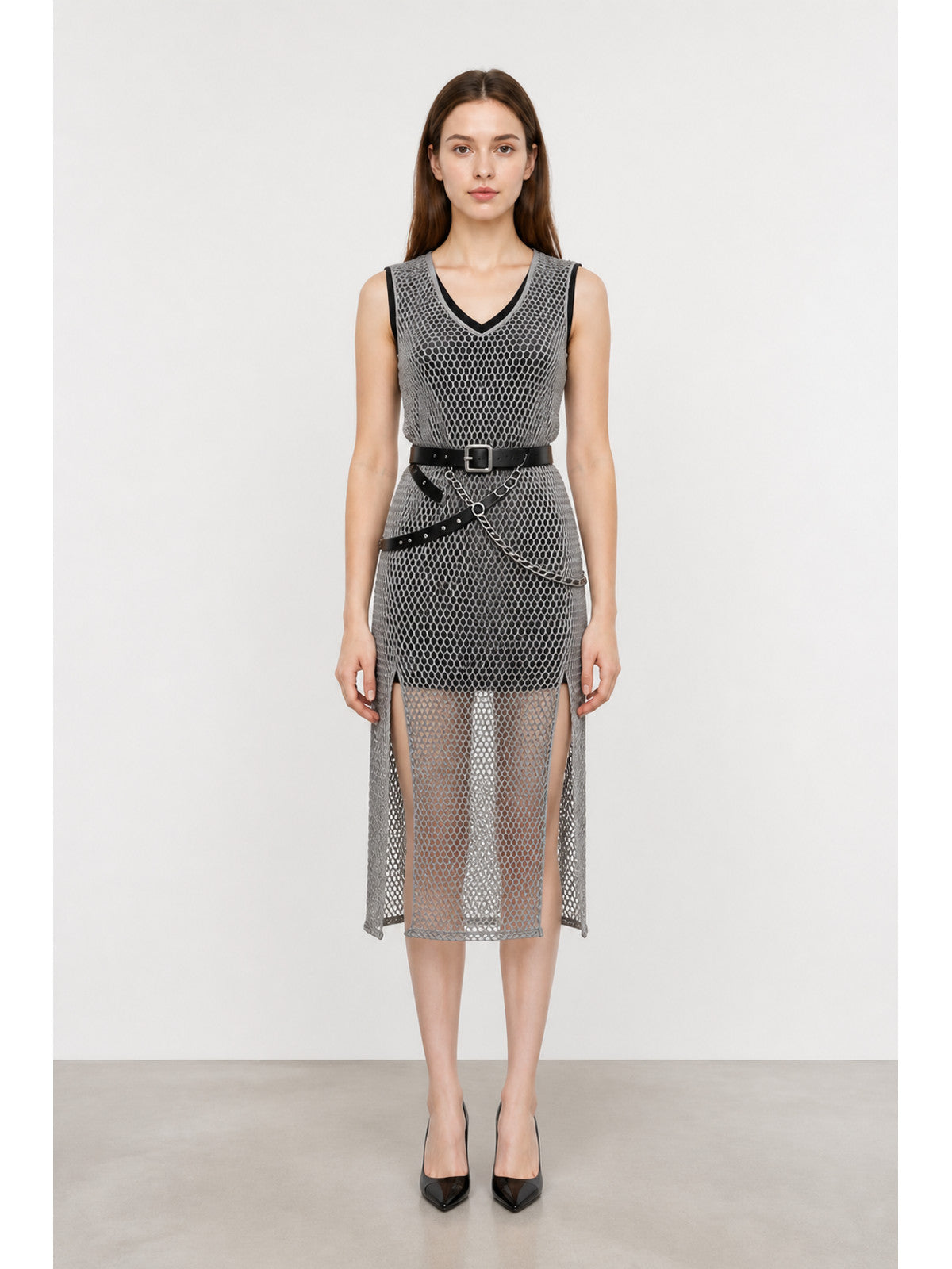 Renaissance-Style Mesh Midi Dress with Belt and Chain main product view