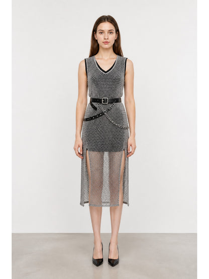 Renaissance-Style Mesh Midi Dress with Belt and Chain main product view