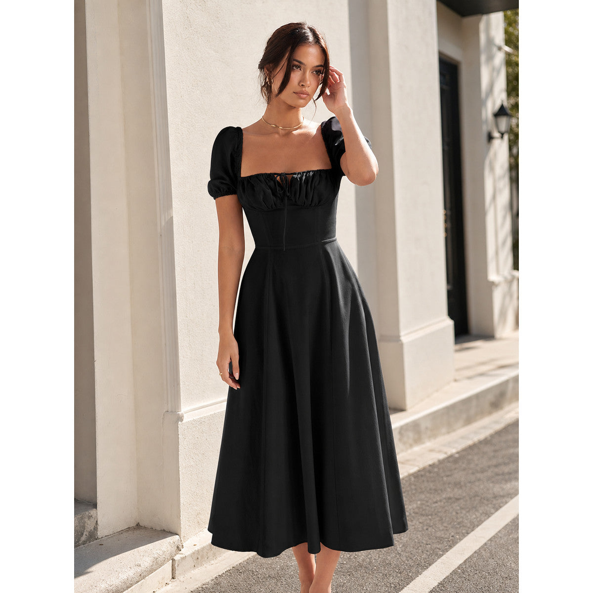 Women’s Black Midi Dress with Square Neckline main product view