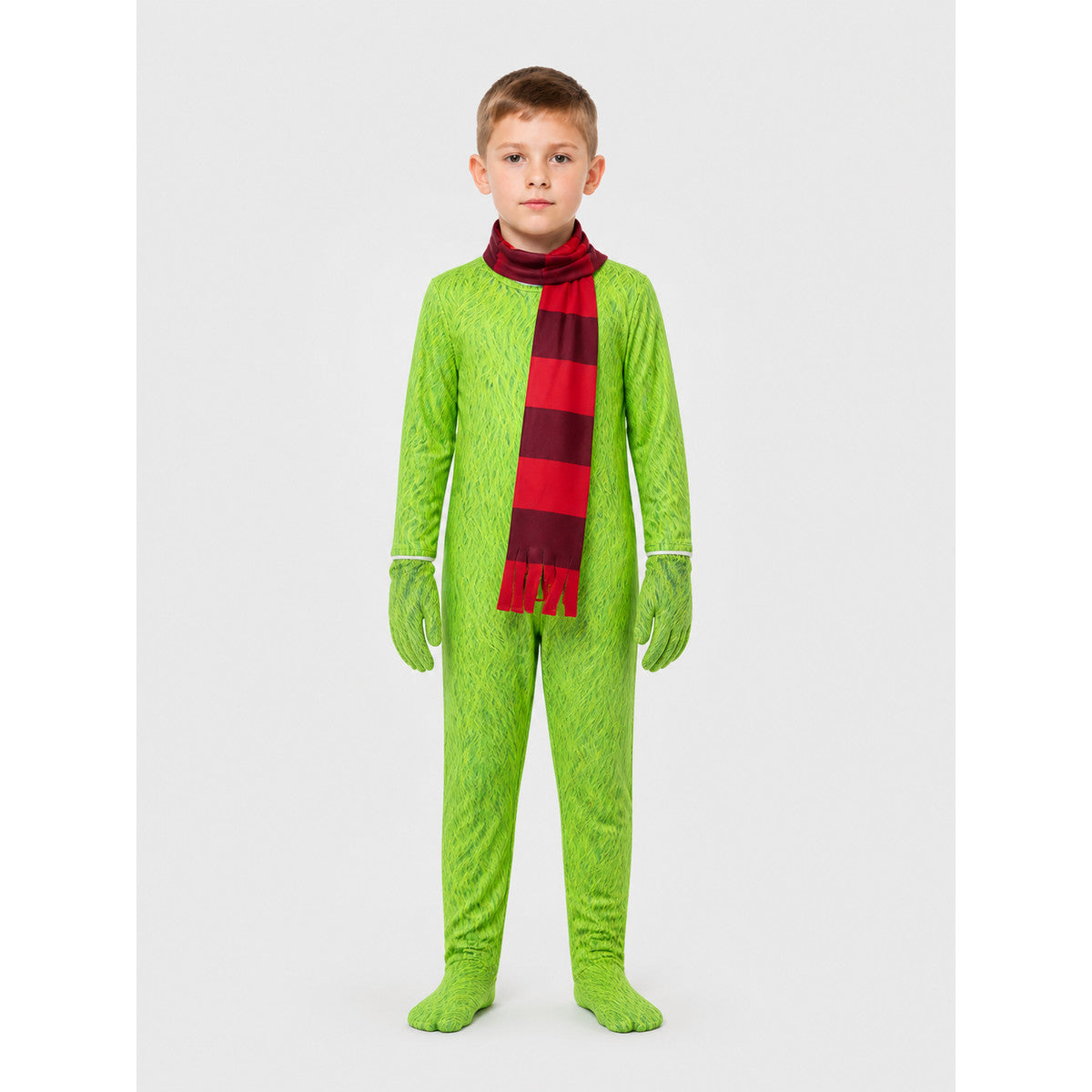 Grinch Carnival Costume: Green Jumpsuit with Scarf on-model view