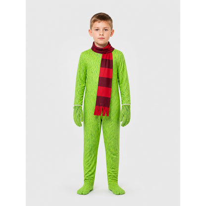 Grinch Carnival Costume: Green Jumpsuit with Scarf on-model view