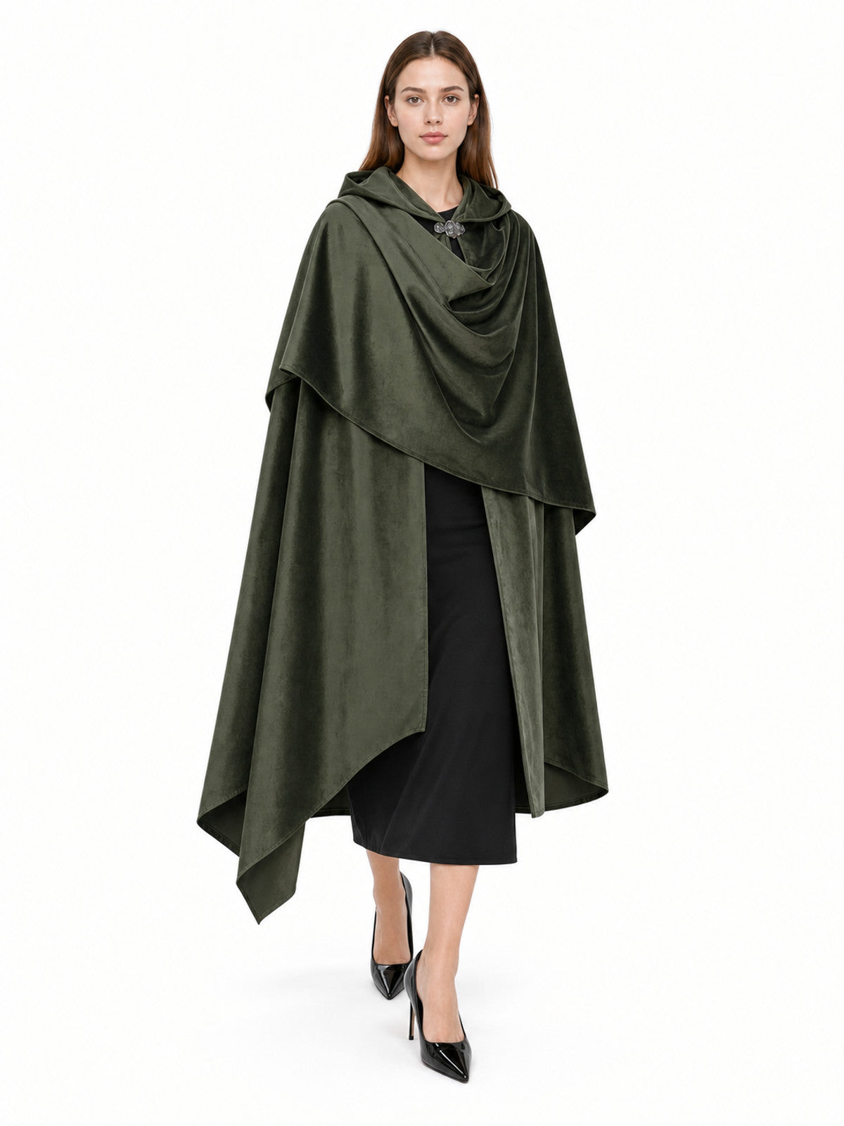 Green velvet-look hooded cloak shown full length on a model, with a draped cowl neckline, silver clasp, and pointed front hem