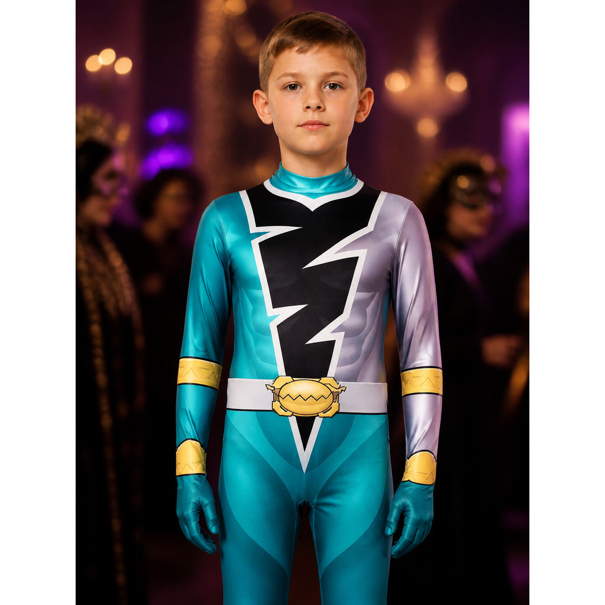 Unisex Knight Dragon Hooded Jumpsuit Costume with Lightning Print for Halloween on-model view