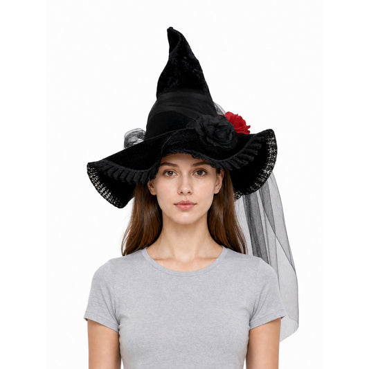 Black Halloween Witch Hat with Red Rose, Wide Brim, Tall Pointed Crown and Sheer Veil for Costume Parties and Photo Shoots