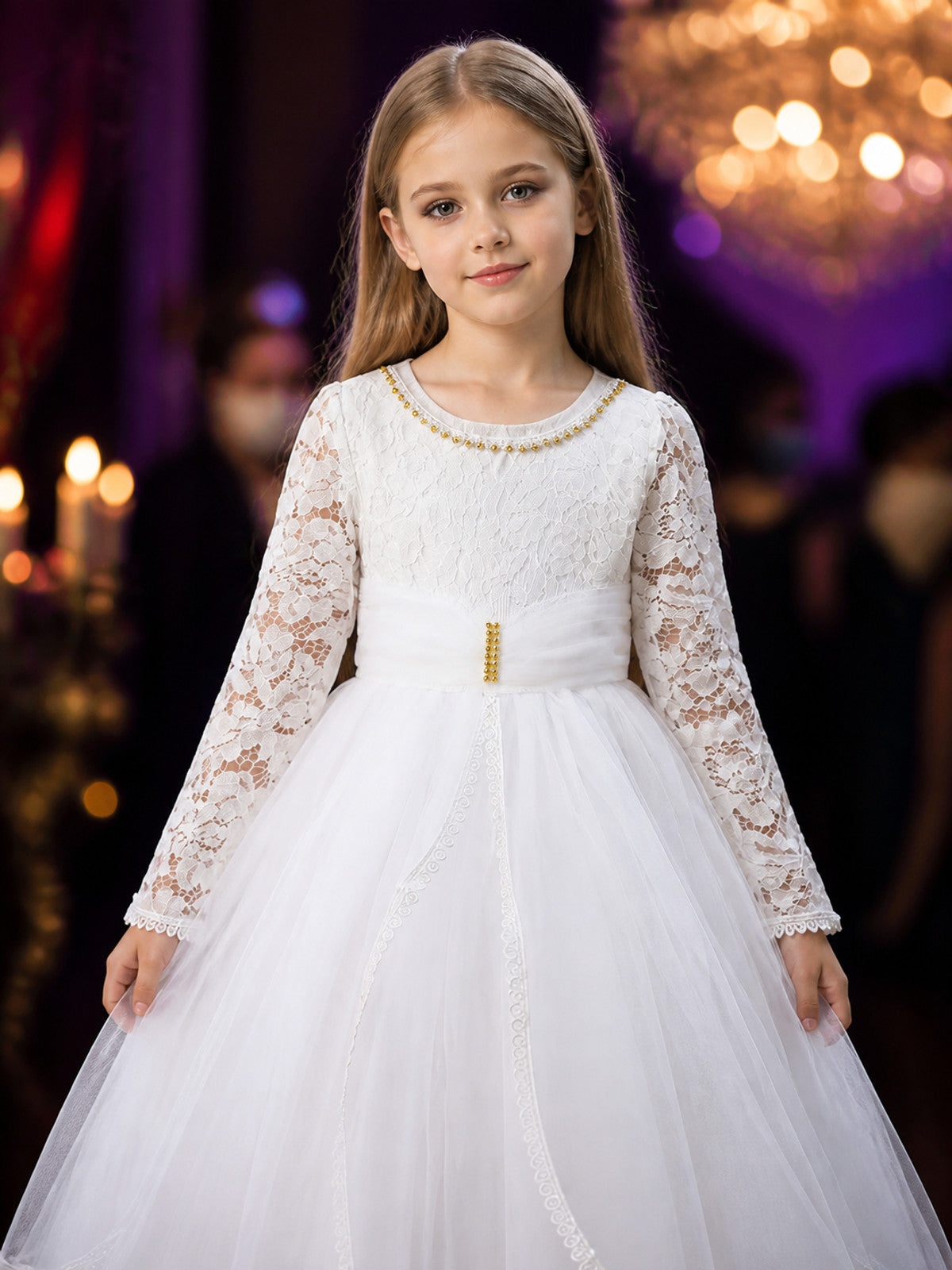 Girls' White Lace Long-Sleeve Princess Dress with Layered Tulle Skirt on-model view
