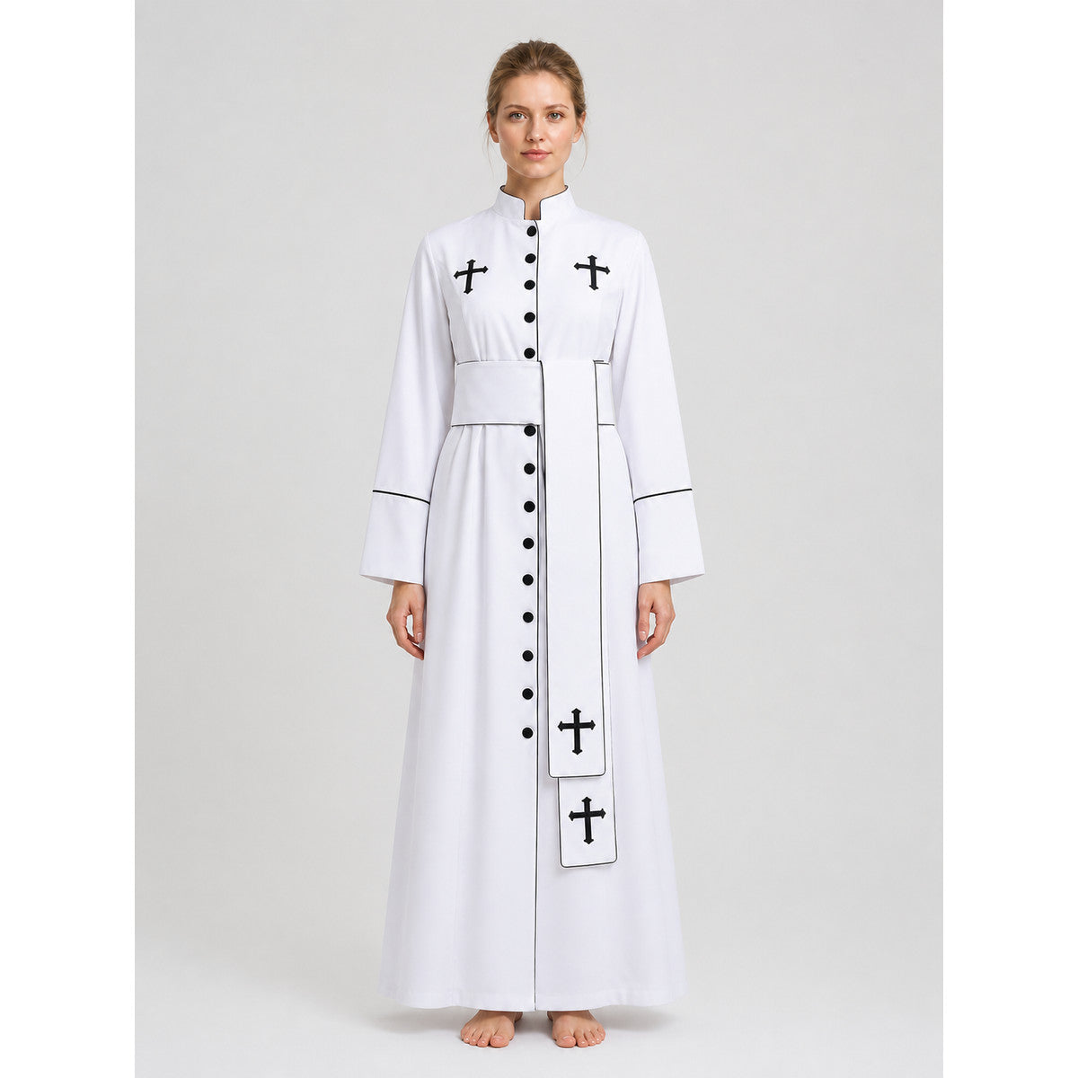 White Priest's Cassock with Black Crosses for Carnival on-model view