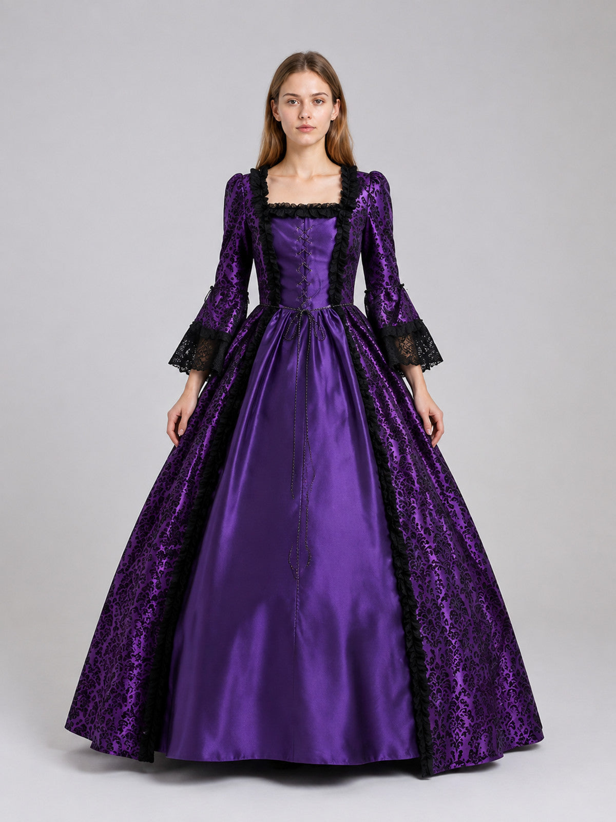 Purple Floor-Length Dress with a Full Flared Skirt on-model view