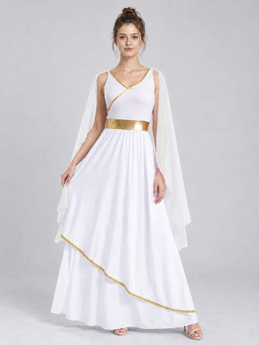 Floor-Length White Dress with Gold Belt and Cape Sleeves