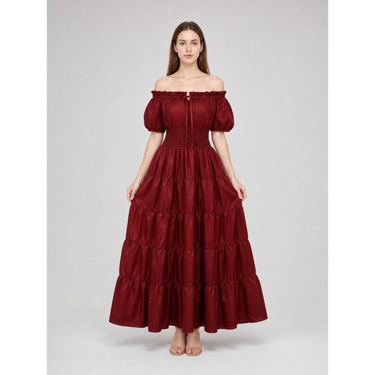 Wine Red Tiered Off-the-Shoulder Maxi Dress