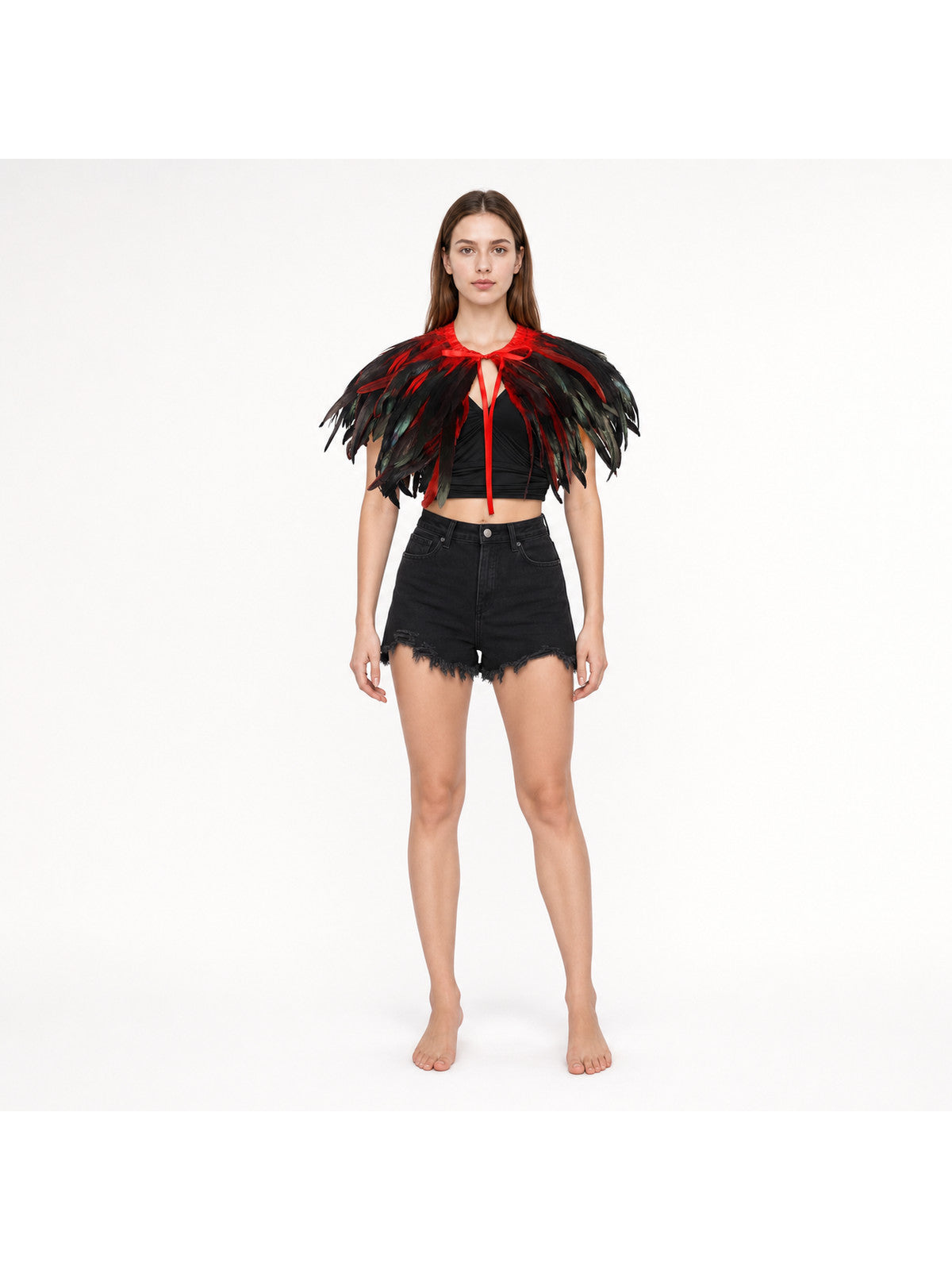 Red and black layered feather shoulder cape shown on a full-body model against a white background