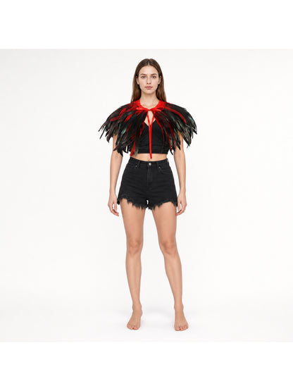 Red and black layered feather shoulder cape shown on a full-body model against a white background
