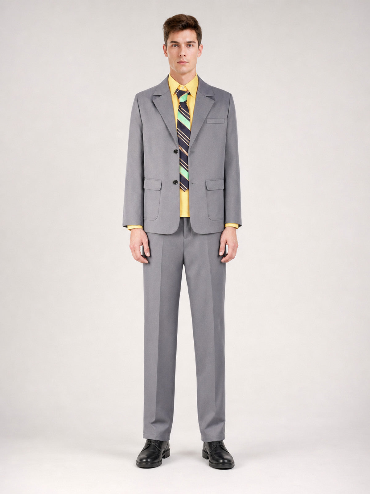 Joker 2 Cosplay Costume: Gray Jacket and Pants on-model view