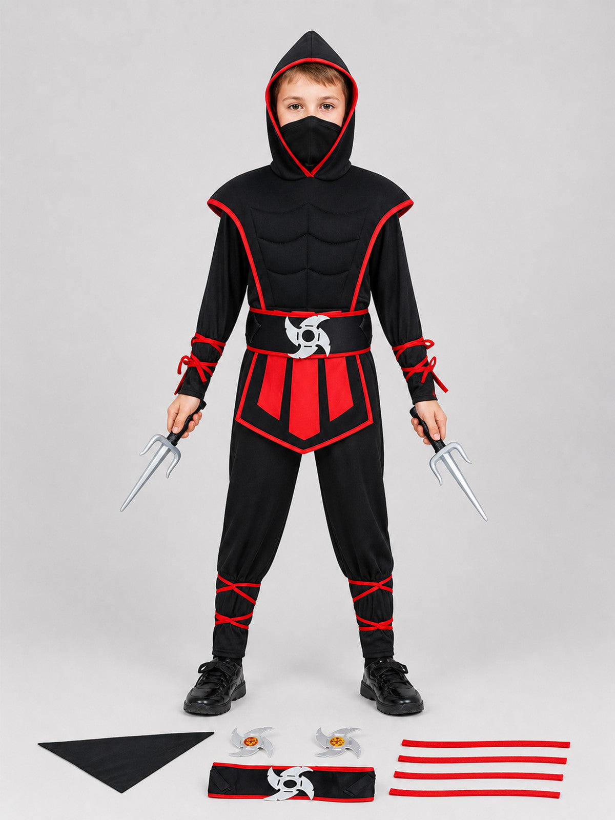 Ninja Cosplay Costume, Red and Black, with Hood on-model view
